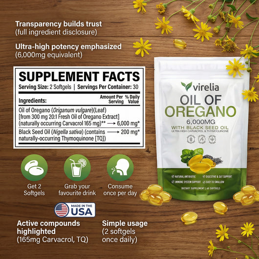 Virelia™ 2-in-1 Immune & Digestive Support - Oil of Oregano + Black Seed Oil with 165mg Carvacrol