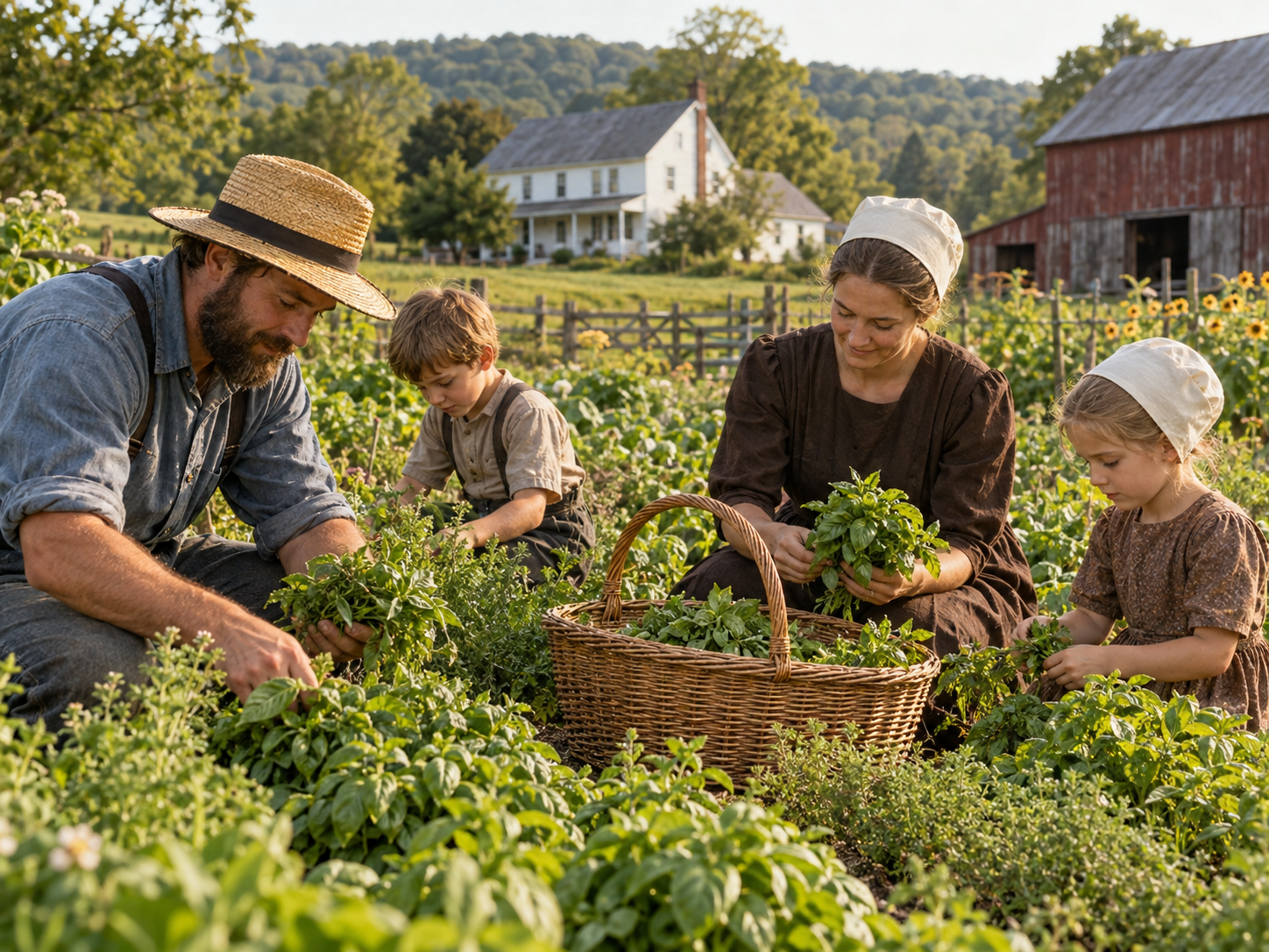 A family harvesting fresh herbs in a farm garden