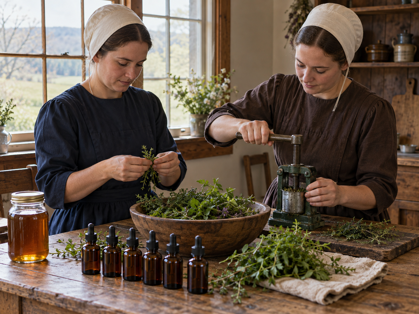 Herbs being pressed by hand in a farmhouse kitchen