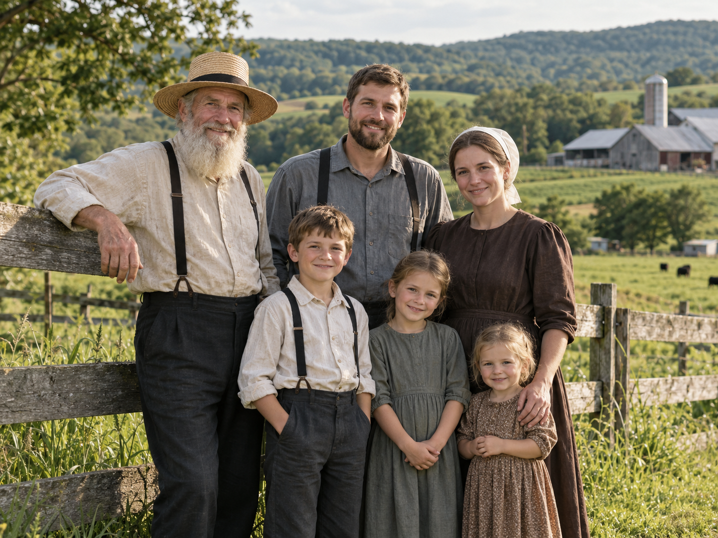 A multigenerational farming family standing beside a field
