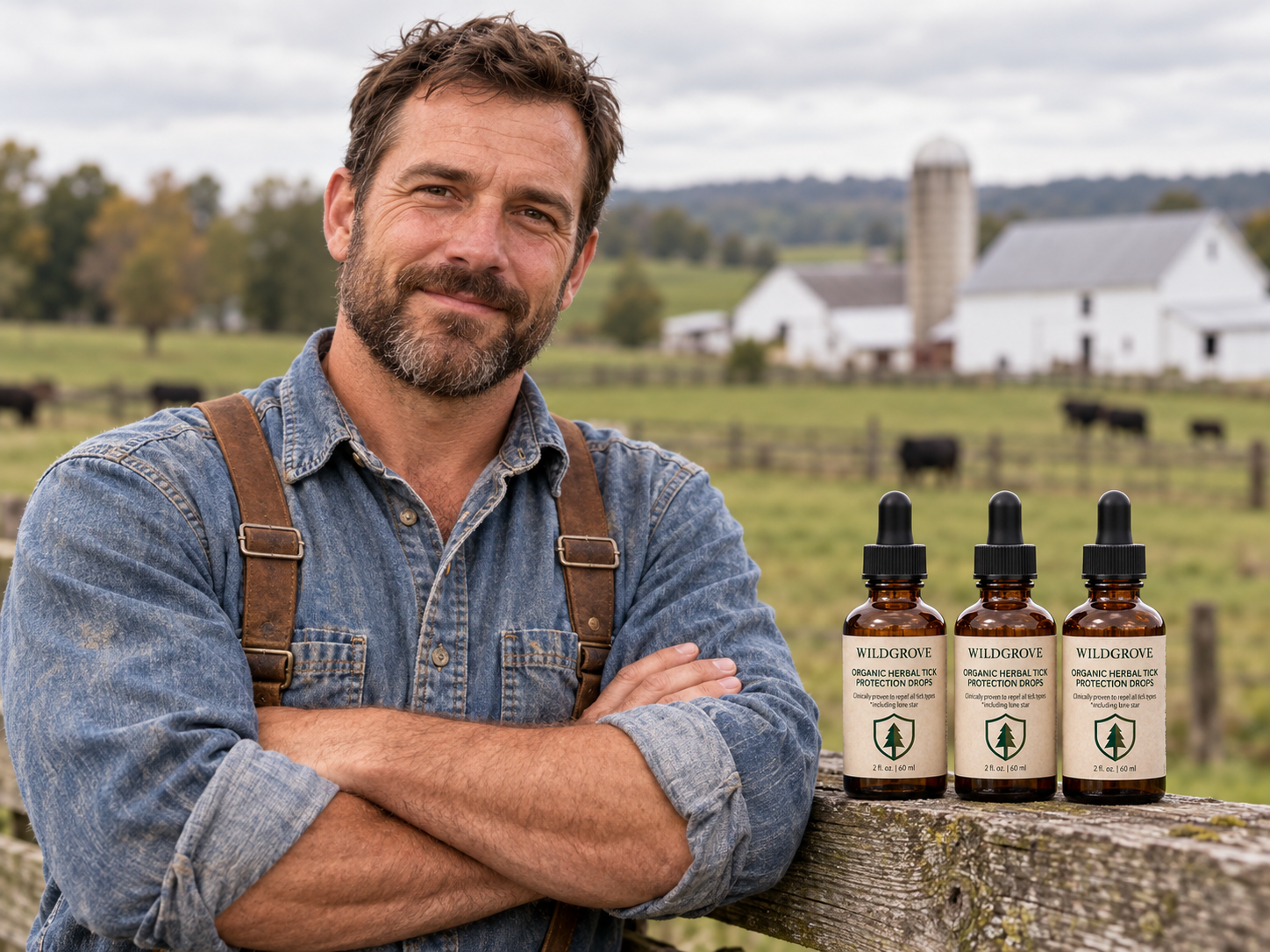 Illustrative portrait of a farmer beside Wildgrove bottles on a farm fence