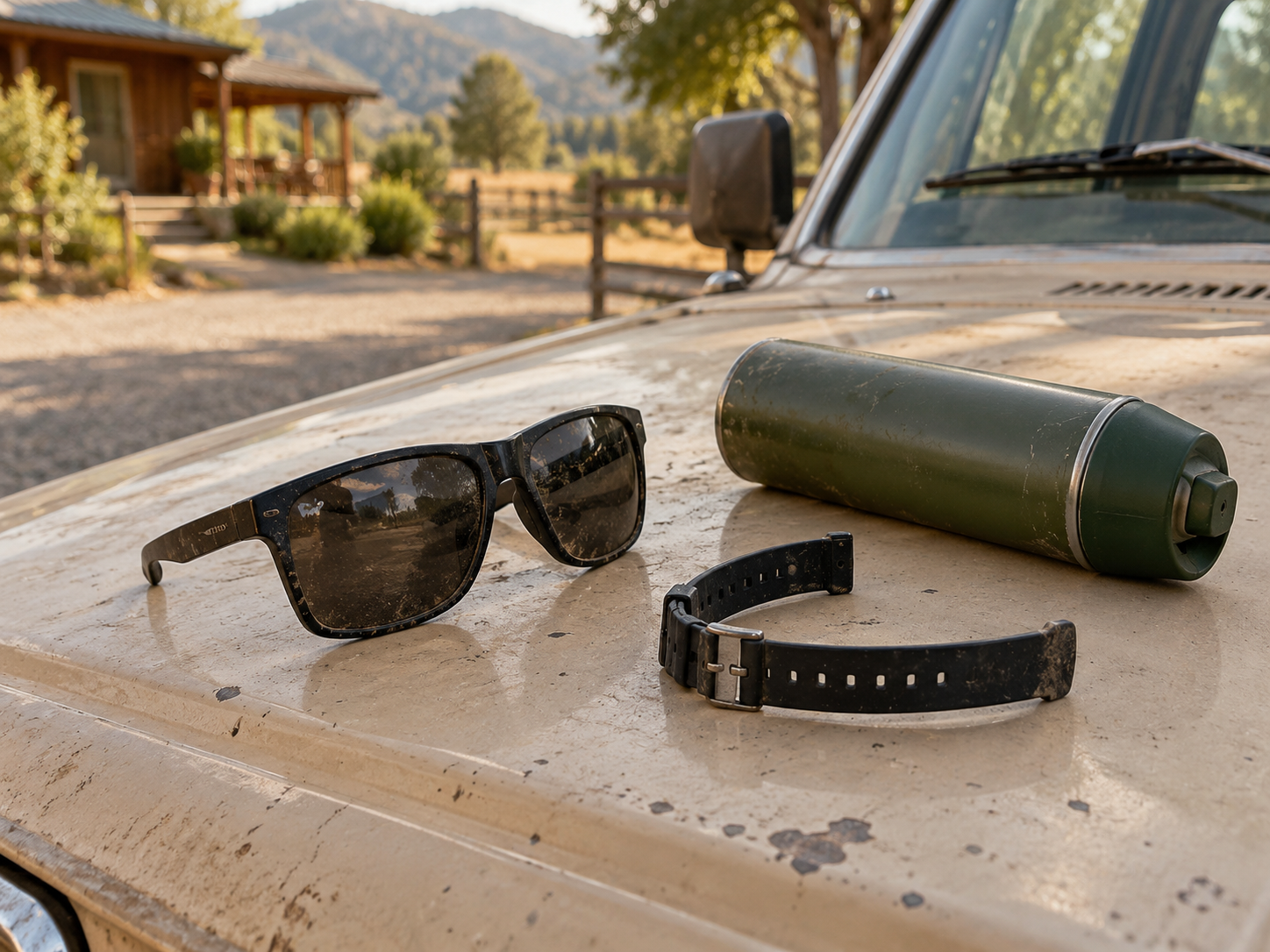 Sunglasses, a watch strap and an insect spray can on a truck hood