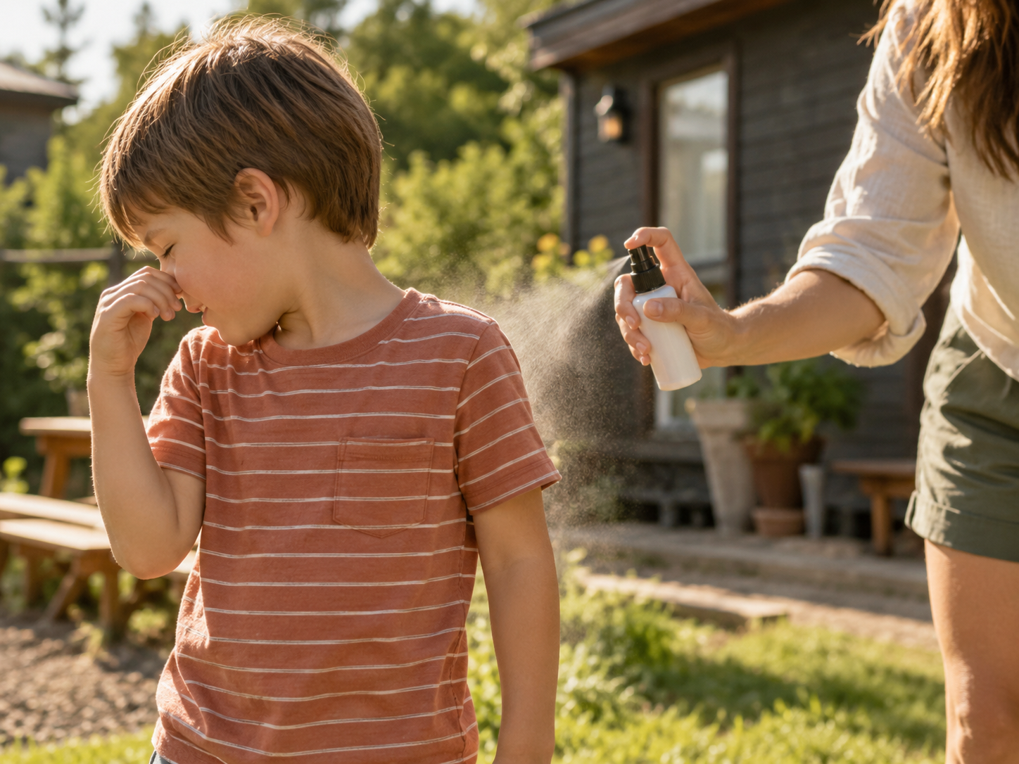 A parent applying insect spray behind a child’s shoulder outdoors