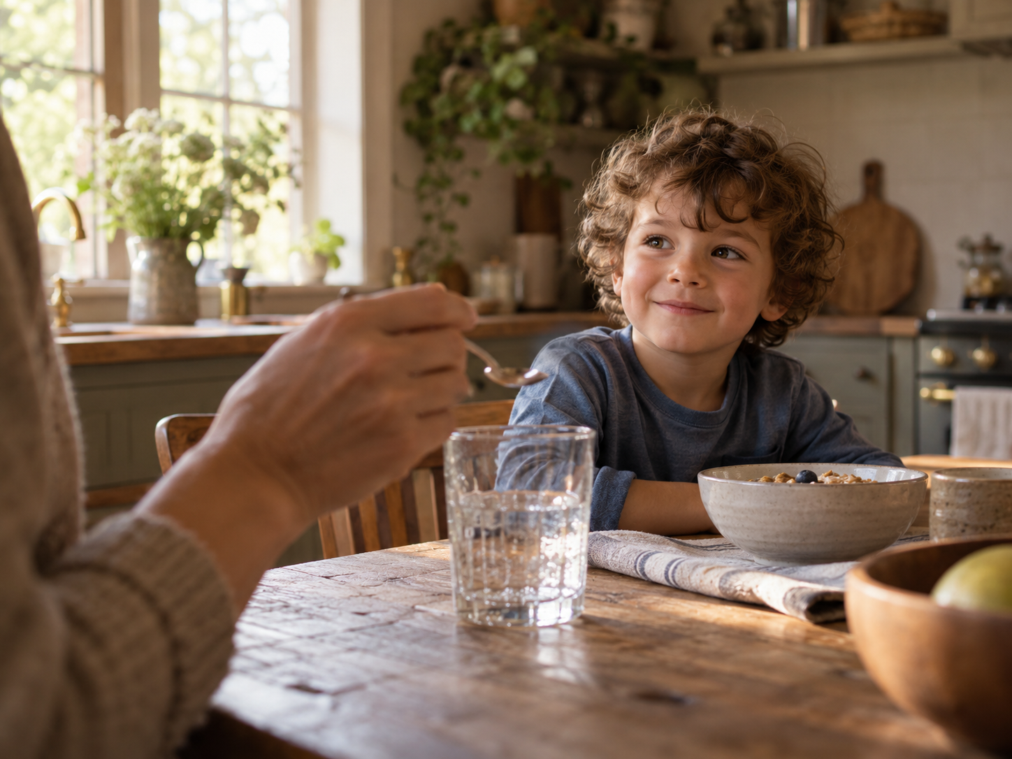 A child at the kitchen table with an adult holding a spoon