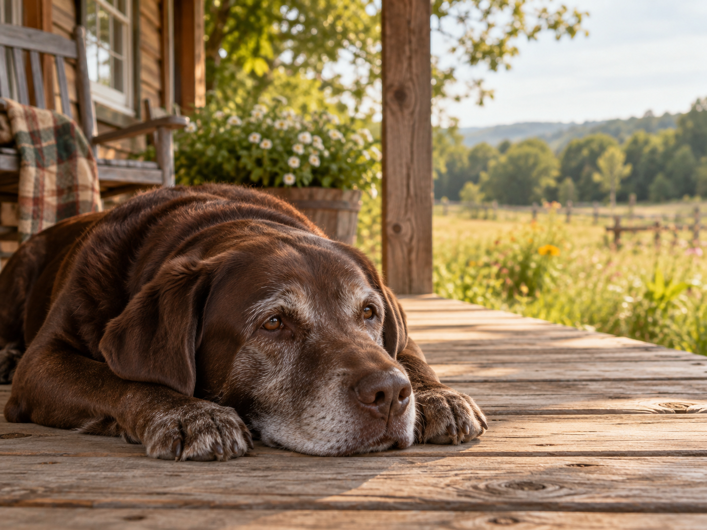 An older chocolate Labrador resting on a wooden porch