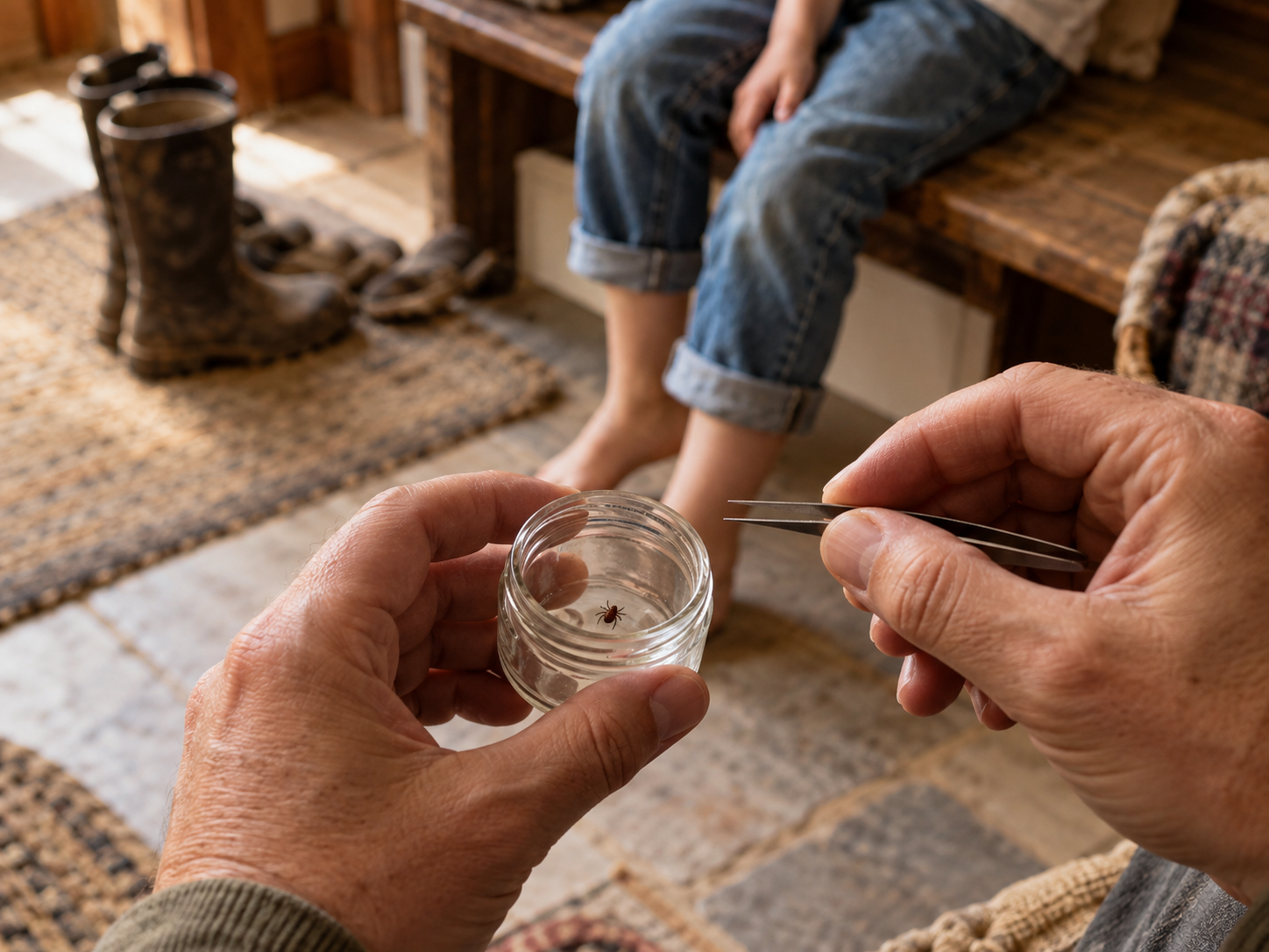 Hands holding tweezers and a small jar after a tick check