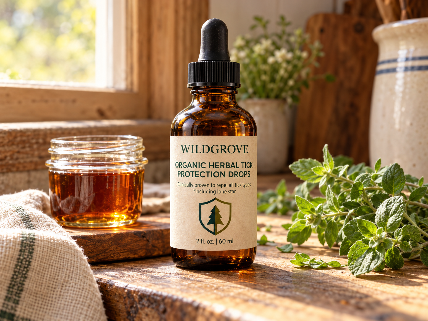 Wildgrove herbal drops beside maple syrup and herbs