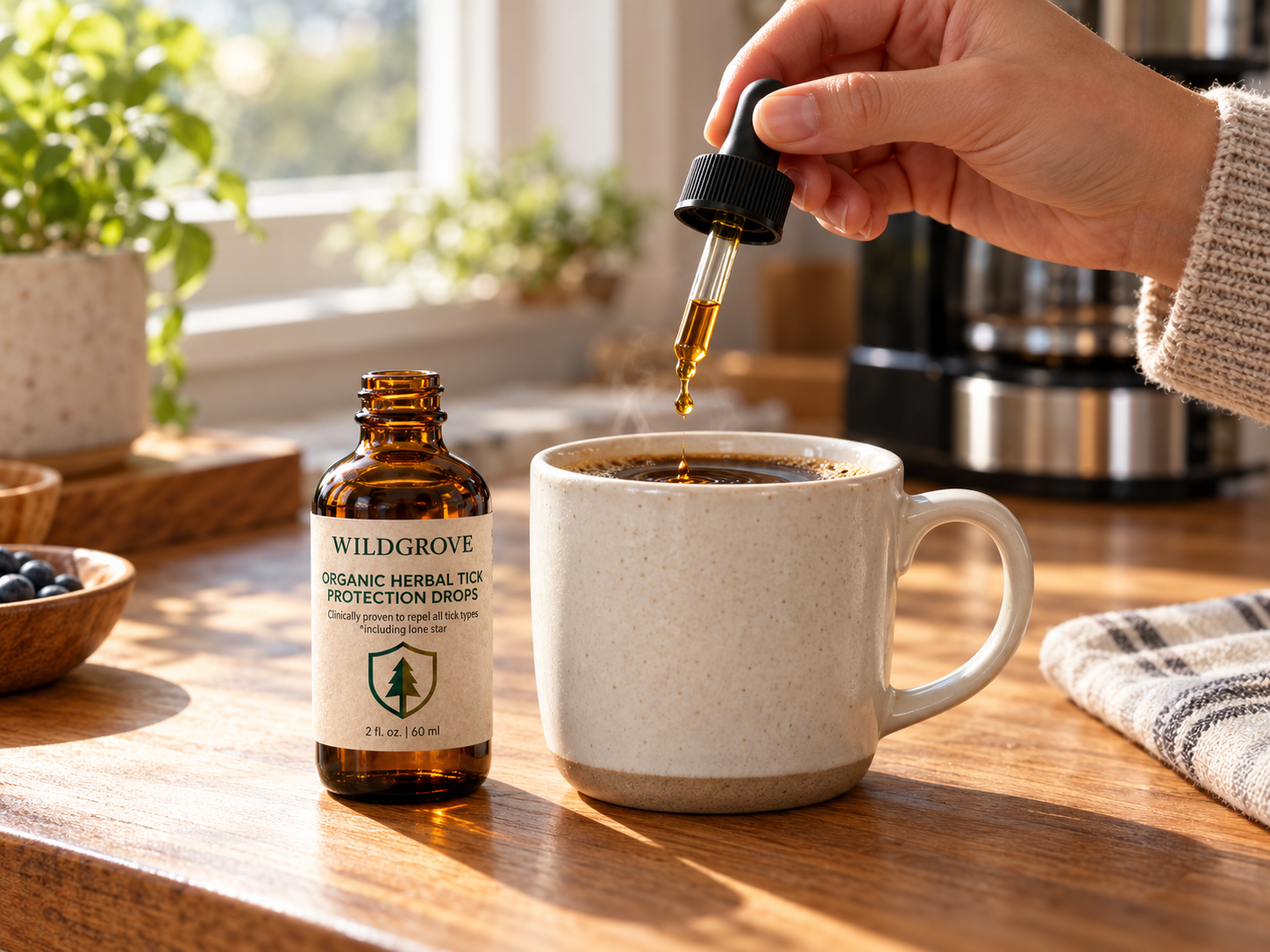 Adding Wildgrove drops to a cup of coffee